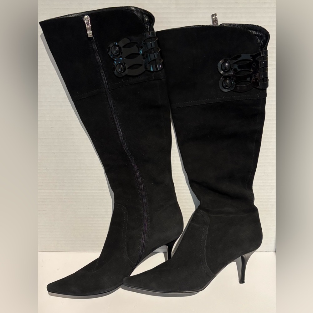 Strimma Women's Black Suede Low Heel 2” Knee Tall Boots Size EU 38 US 7.5